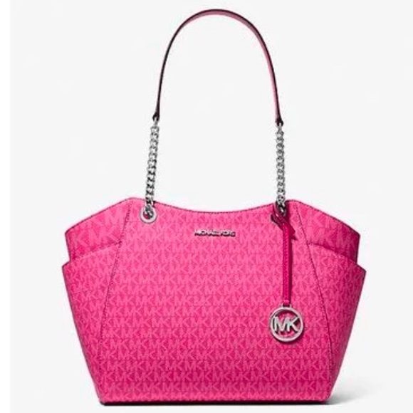 Michael Kors Pink Jet Set Travel Lg Signatr Logo Chain Shoulder ToteDragonfruit